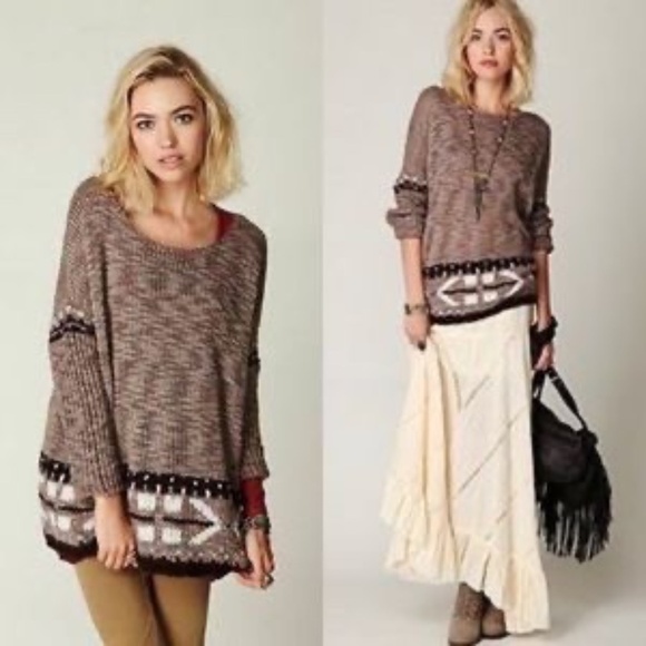 Free People Fair Isle Sweater Brown/Taupe w/Blue Highlights Round Neck Size XS - Picture 1 of 12